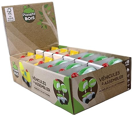 PLANÈTE Bois - Pack mit 12 Baufahrzeugen zum Zusammenbauen - FSC - 053361PA - 12 Teile - Mehrfarbig - Holz - Kinderspiel - Freizeit - Kirmes - 8 cm x 5 cm - Ab 18 Monaten