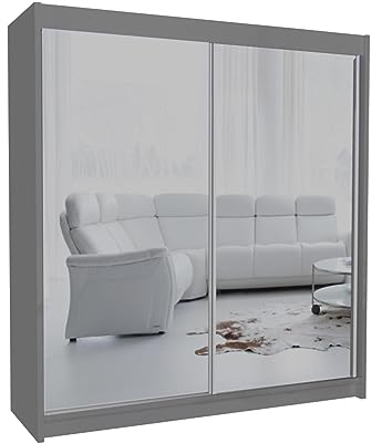 Mars Meble Schrank mit Schwebetüren Debra Kleiderschrank mit Spiegeln Kleiderstangen Garderobe, Farbe: Graphit, Breite: 200 cm