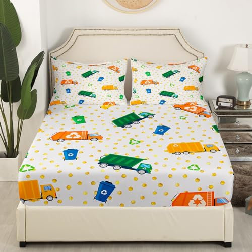 Garbage Truck Fitted Sheet, Full Size Cartoon Trash Truck Collections Green Yellow Vehicle Car Theme, Soft Decorative Fabric Bedding Deep Pocket for Children Teens Young Boys Girls,with 2 Pillowcases
