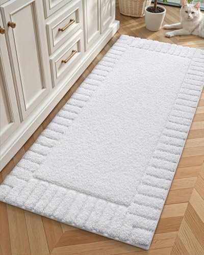 COLOR&GEOMETRY Lange Badteppiche rutschfest Waschbar- 60 x 110 cm Absorbierende Badvorleger Weiche Badezimmerteppich, Weiß Badematte für Badezimmerboden, Dusche, Badewanne, Waschküche