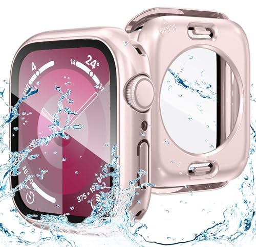 Goton Funda impermeable 2 en 1 para Apple Watch, 360º, SE 2nd Gen Series 6 5 4, protector de pantalla de 44 mm de cristal, marco lateral duro de policarbonato + marco trasero para iWatch