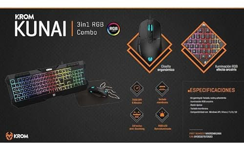Krom Pack Gaming Kunai, Teclado led, ratón 7200 dpi y Alfombrilla Marca