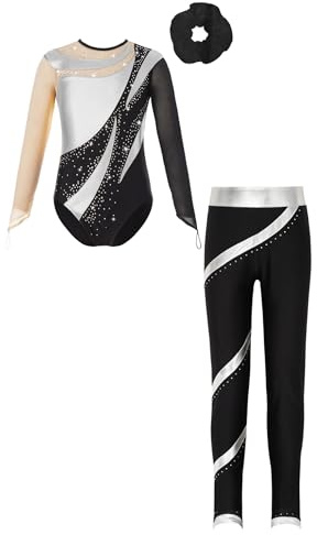 Kaerm Kinder Mädchen Ballettanzug Set Langarm Turnanzug Strass Glitzer Ballett Body Metallic Patchwork Trikot Mit Streifen Tanzhose Haarband Tanzbekleidung Silber schwarz 122-128