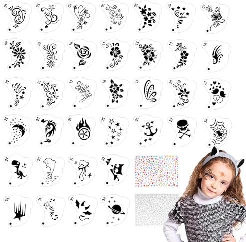 OOTSR 36 Stk Schablonen und Glitzersteine Selbstklebend für Kinder Erwachsene, Tattoo-Schablonen für Gesicht Augen, Kreativität Schablone für Halloween Schminke Partys
