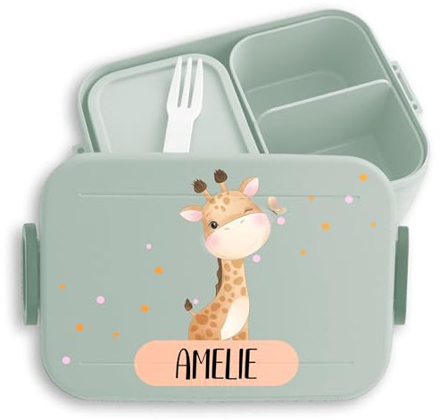Kinder Bento Box Midi für Mepal Bentobox - Brotbox Mädchen süße Giraffe mit Name | Kindergarten Geschenk Lunchbox Giraffen Pausendose Einschulung - 900 ml - Sage Grün - jausenbox und tiere