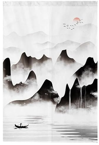 Japanischer Türvorhang 2x42.5x180cm Schwarzer Berg Türvorhang mit Teleskopstange,Raumteiler Vorhang Japanese Decoration,Door Curtain,Kinderzimmer Schlafzimmer Restaurant Tür Halber Vorhang