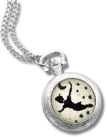 Silver-tone fantasy pocket watch, illustrated pendant necklace, parure « Peter Pan », black, beige, blue (ref.99a)
