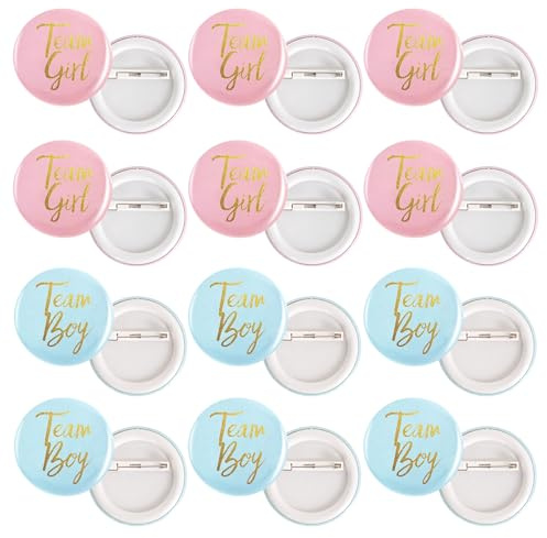 24 Piezas Pines de Botón de Revelación de Género, Insignias de Botones de Team Boy y Team Girl Redondos Insignias de Alfiler, Botones para Baby Shower, Botón de Equipo para Niño Y Niña, Decoraciones