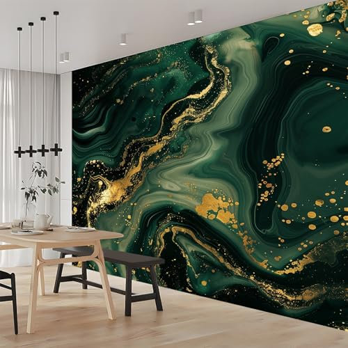 Wallpaper Photo Marble Gold Dark Green 350x256 cm Art Prin Non-Woven Eco-Friendly Wall Mural Poster Photo Wallpaper for Dining Room Kitchen Home Decoration