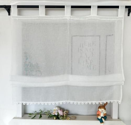 Vordesack Leinenoptik Raffrollo mit Blumen-Kante Unifarbige Raffgardine mit Schlaufen Landhausstil Wohnzimmer halbtransparent Gardinenschal Küche 1 Stück Weiß HxB 140x140cm