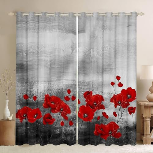 YZQGLHP Gardinen Grau Vorhänge H145 x B135 cm Mohn Verdunklungsvorhänge 2er Set Schiebe Schallschutz Polyester Vorhang mit Ösen für Schlafzimmer Wohnzimmer