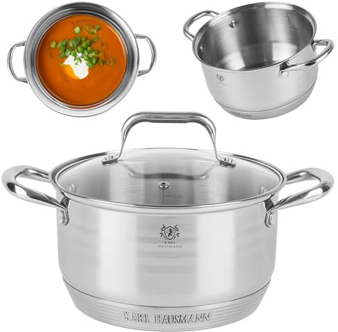 KARL HAUSMANN Faitout Inox - 3.6L - 21 cm - Marmite Induction en Acier Inoxydable 18/0 - Casserole avec Couvercle en Verre - fait tout tous feux - Faitouts Avec Échelle de Mesure - Cocotte Inox
