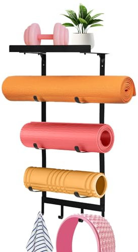NANXITU Yogamatten-Halterung, Wandhalterung, Workout-Aufbewahrungs-Organizer für Heim-Fitnessübungen, Yogamattenregal mit schwebenden Metallregalen und 4 Haken zum Aufhängen von Schaumstoffrollen,