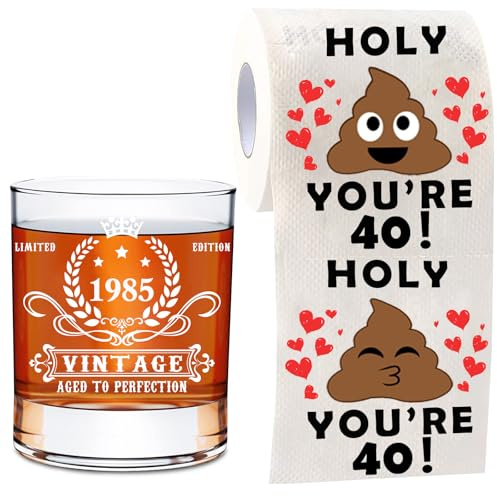 40th Geburtstag Geschenke für Männer-2 PCS 40th Geburtstag Geschenk Set, 1985 Whiskey Glas&Toilettenpapier, 1985 Jubiläum gealtert bis zur Perfektion Geschenke für Freund, Bruder, Papa, Familie