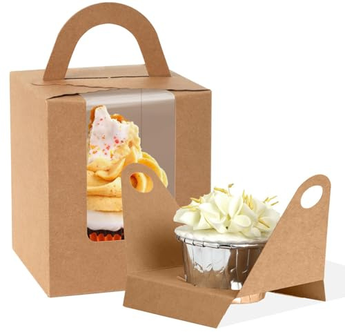 SUJIBHI 20 Pcs Individual Cupcake Boxes Single Cake Boxes with Clear Window 1 Hole Cake Box with Inserts and Handle Bakery Boxes for Wedding Birthday Party Favors (Kraft)