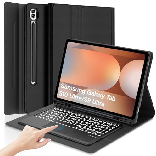 WAVATA Funda Teclado Trackpad para Samsung Galaxy Tab S10 Ultra 14.6'', Teclado Español Ñ para Samsung Galaxy Tab S10 Ultra/ S9 Ultra, Bluetooth Retroiluminado, Negro