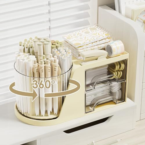 Foyucool Organisateur de Bureau Rotatif à 360°, pot a Crayon Avec 2 Tiroirs, Rangement Maquillage Rotatif, Rangement Bureau Multifonction, Avec 6 Compartiments, pour Bureau, Cosmétiques, École, Jaune