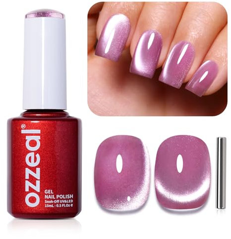 Ozzeal Cat Eye UV Gel Nagellack, 15ML Hell Rosa Magnetischer Katzenauge UV Nagellack Frühling Sommer Glitter Gel Nagellack Holographisch Shimmer Gel Nail Polish Soak Off UV Led