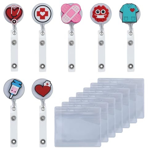 Lot de 7 porte-badges d'infirmière avec 7 porte-cartes transparents rétractables pour cartes, clés, tickets