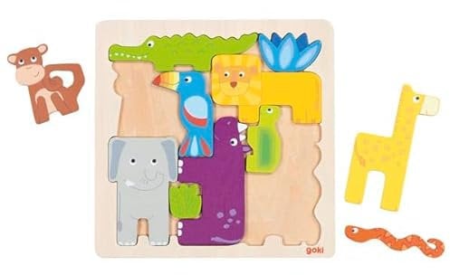 goki 57320 – Einlegepuzzle Safari aus Holz – 11-teiliges Kinderpuzzle mit exotischen Tieren, ca. 21 cm breit, ab 3 Jahren