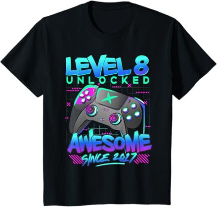 Youth Level 8 Unlocked Awesome Since 2017 8th Birthday Gaming Boy T-Shirt