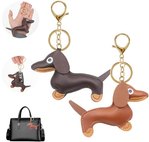 Rienan 2 Stück Dackel Geschenke PU Süß Dackel Deko Glücksbringer Aus Leder Bag Charms Geeignet für Die Dekoration Von Handtaschen und Rucksäcken für Frauen Männer(Braun Kaffeefarbe)