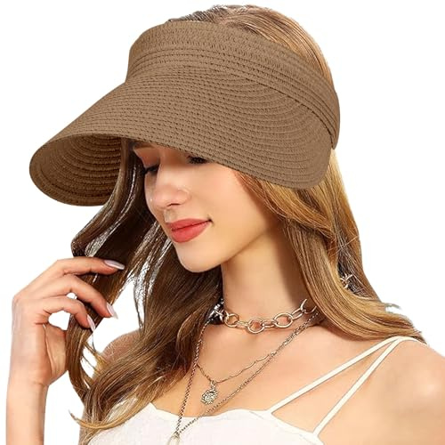Mayoii Straw Visor Hat Women Sun Visor Hat Rollable Ladies Wide Brim Straw Foldable Summer Topless Sunhats for Womens Adjustable Beach Cap