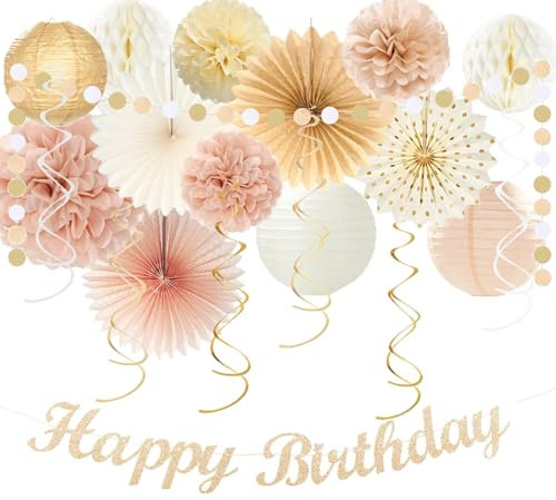 Acidea 21pcs Champagne-Gold Beige Boho Birthday Party Decorations, Retro Warm Paper Fans Party Decorations, Flower Balls, Paper Streamers Lanterns, Rustic Backrop