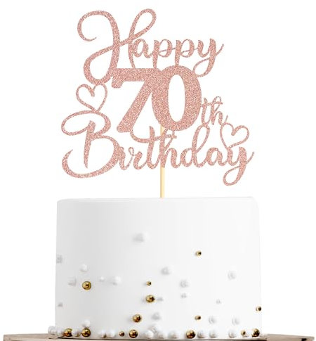 Sotpot 1 Pack 70th Birthday Cake Topper Double-sided Rose Gold Glitter Cake Pick Cake Decoration for Happy 70th Birthday Anniversary Party Decorations