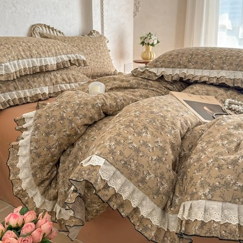 GETIYA Mädchen Damen Bettwäsche 200x200 3Teilig Karamell Blumen Bettwäsche mit Rüschen Bettbezug Blümchen Muster Baumwolle Doppelgarn Deckenbezug mit Reißverschluss und 2 Kissenbezug 80x80
