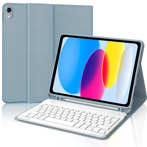 Coque Clavier pour iPad A16 11/10 Ème Generation 2025/2022 11/10.9 Pouces | Étui Keyboard Magnétique Détachable Bluetooth sans Fil, AZERTY Français avec Porte Crayon, Bleu gris