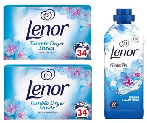 LENOR Fabric Conditioner 891 ml + 2-Pack Tumble Dryer Sheets 34×2 | Spring Awakening Softener, Freshness & Static Reducer | Revitalizing Fragrance for Cotton & Washable Fabrics