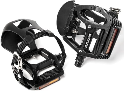 AEYINO Bike Pedals with Toe Cages & Straps - Fits Wide Shoes | Adjustable clip straps, fits wide shoes, 9/16 spindle for MTB, road bikes, exercise & indoor cycling bikes