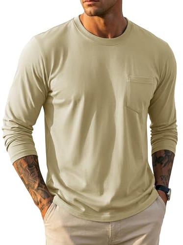 MAGCOMSEN Men's Long Sleeve T-Shirt Cotton Crew Neck T-Shirts Comfort Breathable Casual Tops with Pocket,Khaki,L