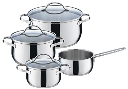 Kelomat, 1927-320, Geschirrset 7-tlg., BELLANO, Edelstahl, LBH 48.3 x 27.2 x 19.3 cm, Gewicht 5.538kg, Induktion, Fleischtopf 16cm, 20cm, 24 cm Durchmesser mit Deckel, Stielkasserolle 16cm