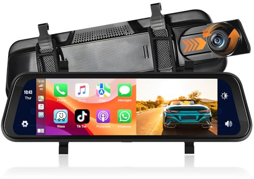Motorsi 9,66 Spiegel Dashcam mit Wireless Apple Carplay, Android Auto mit HD Rückfahrkamera, IPS Touchscreen Dual 1080P Rückspiegel Dashcam Dash Cam Auto, 2 Geteilte Bildschirme, Bluetooth