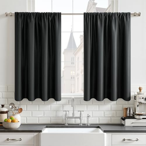CUTEWIND Cortinas Cocina Cortas Opacas Termicas Aislantes Frio y Calor para Barra, 60x90 cm, Cortina para Bajo Fregadero Mueble de Cocina, Ventana Pequeña, 2 Piezas, Gris Carbón