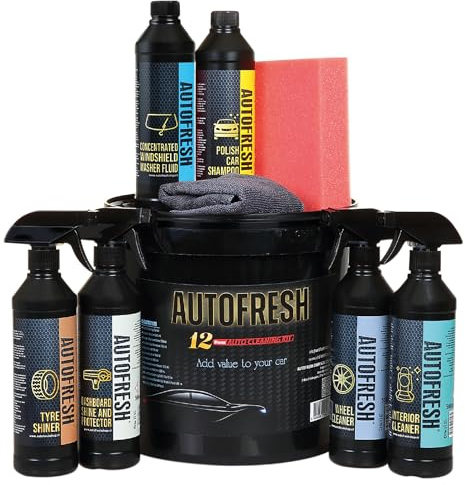 AutoFresh Autopflegeset 9-teilig - Auto Reinigungsset für Innen & Außen - Inkl. Felgenreiniger, Shampoo, Polsterreiniger, Cockpitspray, Reifenglanz, Schwamm & Eimer - Großes KFZ Pflege Set