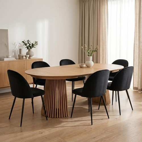 ebuy24 Esstisch oval ausziehbar - Essgruppe Tokyo 7-teilig für 6 Personen Natur 120x120-160/200 cm Tisch mit 6 schwarzen Velours Stühlen Esszimmergruppe Speisegruppe Wohnküche Esszimmermöbel