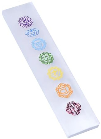 Natural Selenite Charging Plate with 7 Chakra Symbols | Wand for Cleansing & Charging Crystals | Chakra Stones Bar for Reiki Healing, Meditation, Yoga & Spiritual Altar Decor | Metaphysical Gift