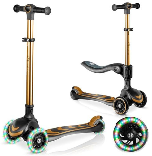 Nukido Kinderroller Roller Scooter Kinder - Dreirad-Roller mit Sitz - Leuchtendes Deck - LED-Räder - bis 50 kg - Gold Schwarz
