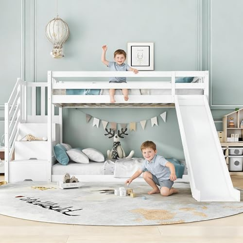 Su & Chan Legence Bunk Bed with Slide, Twin over Twin Bunk Bed with Storage and Stairs, Crafted from a Solid Pine Wood Frame, without Mattress, 90 x 190cm, White
