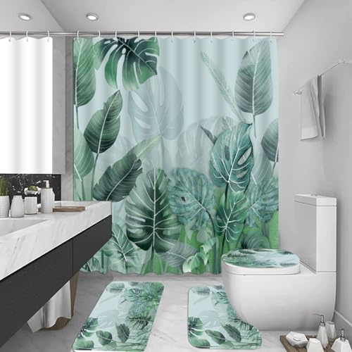 Badgarnitur 3 Teilig Badezimmerteppich Waschbar Badematte rutschfest,Wc Vorleger Mit Ausschnitt Und Badematte, Badvorleger Toilette Teppich 45X75Cm Grüne Blätter