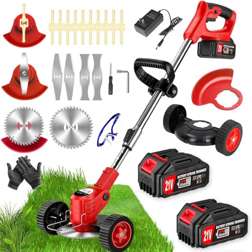 Decespugliatore a Batteria, Tagliabordi Elettrico 21V,Tagliaerba a Batteria con 2 2.0Ah Batterie e 4 Tipi di Lame, Ruote Rimovibili, Decespugliatori da Giardino Altezza Regolabile per Prati,Arbusti