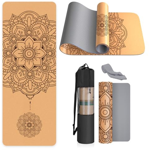 Haninj® Yogamatte Kork – Rutschfeste Yoga Matte, Einzigartiges Design, Naturkautschuk TPE Gymnastikmatte, Trainingsmatte mit Tragetasche & Gurt, für Zuhause, Pilates, Aerobic Fitnessstudio und Workout
