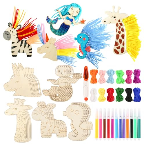Holztiere Bastel Sets 45 Stück Holzanhänger zum Bemalen, 5 Stilen, mit Garn | Holztiere zum Bemalen, Pferde, Einhorn, Meerjungfrau, Seepferd, Giraffe, für Geburtstag, für Party, für Geschenk, für DIY