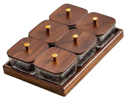YWJLQH Divided Serving Tray Mehrteilige Servierplatte mit Deckel Und Fächern Nuss Süßigkeiten Dose Vorratsdose Aus Holz Und Glas Langlebig Und Tragbar für zu, Klar, 6 Gitter