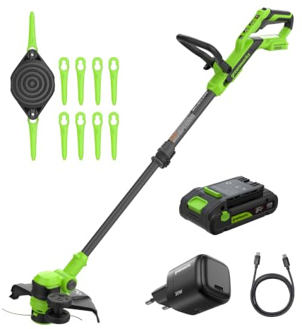 Greenworks 24V Brushless Grass Trimmer Gen2 2-in-1 mit Akku für kleine bis mittlere Gärten, höhenverstellbar, 30 cm Schnittbreite, mit 10 Kunststoffklingen, 2,0 Ah Akku und Ladegerät – ST3002