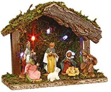 JJA Feeric Chrismas 3-in-1-Weihnachts-Set mit 1 Krippe mit Beleuchtung + 7 Krippenfiguren + 1 LED-Beleuchtung