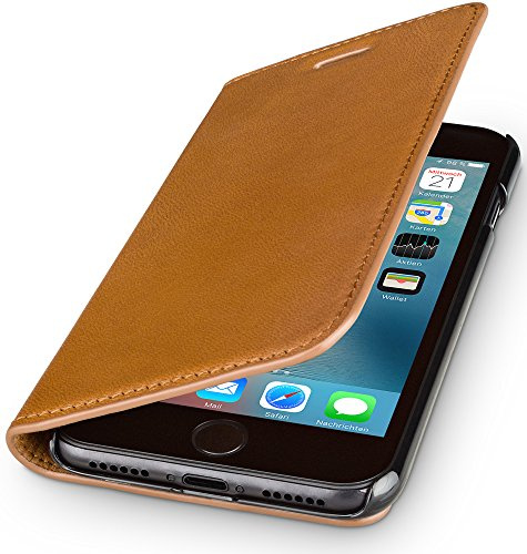 WIIUKA Echt Ledertasche - TRAVEL Nature - für Apple iPhone SE (2020), iPhone 8 und iPhone 7 - DEUTSCHES Leder - Cognac/Braun, mit Kartenfach, extra Dünn, Tasche, Leder Hülle